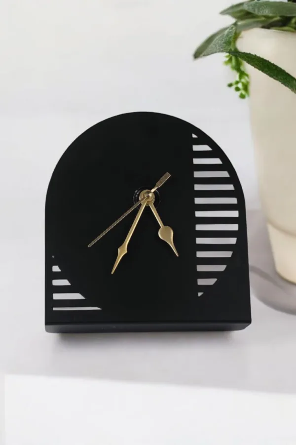 Arched Metal Table Clock with Linear Cutouts