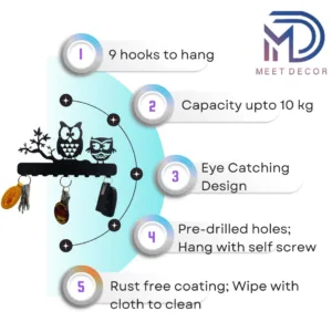 Owl Metal Key Holder – 25cm x 13cm, 9 Hooks