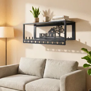 Metal Multi-Purpose Wall Shelf with Wall Art, Double Shelf and 6 Hooks | Wall Mount Floating Shelf Storage Shelves & Home Decor | Stylish Wall Shelf Rack for Living Room, Bedroom & Kitchen Decor