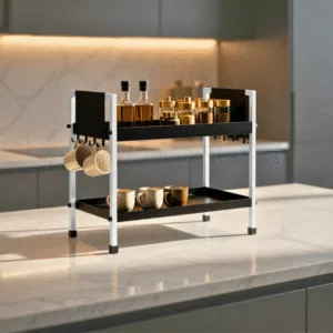 2 Tray Black & White Multipurpose Countertop Organizer Rack with 8 Hooks | Multishelf Storage Stand for Kitchen, Bathroom or Dressing Table | Spice Rack, Cosmetics Organizer or Bathroom Organizer