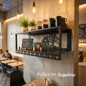 Metal Multi-Purpose Wall Shelf with Wall Art, Double Shelf and 6 Hooks | Wall Mount Floating Shelf Storage Shelves & Home Decor | Stylish Wall Shelf Rack for Living Room, Bedroom & Kitchen Decor