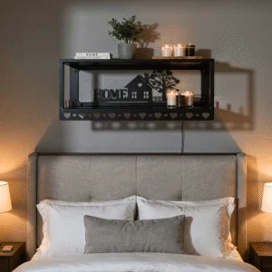 Metal Multi-Purpose Wall Shelf with Wall Art, Double Shelf and 6 Hooks | Wall Mount Floating Shelf Storage Shelves & Home Decor | Stylish Wall Shelf Rack for Living Room, Bedroom & Kitchen Decor