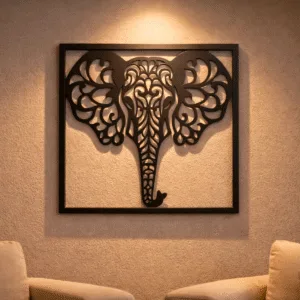 Elephant Metal Wall Art 21x18 Inch Black - Intricate Jaali Design Wall Hanging Decor, No Drill Panel for Living Room Bedroom Entryway Staircase - Aesthetic Home Decor Items, Metal Wall Decor, Wall Art Hanging Decoration