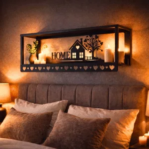 Metal Multi-Purpose Wall Shelf with Wall Art, Double Shelf and 6 Hooks | Wall Mount Floating Shelf Storage Shelves & Home Decor | Stylish Wall Shelf Rack for Living Room, Bedroom & Kitchen Decor