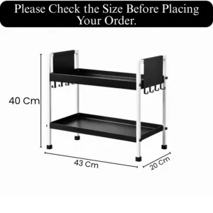 2 Tray Black & White Multipurpose Countertop Organizer Rack with 8 Hooks | Multishelf Storage Stand for Kitchen, Bathroom or Dressing Table | Spice Rack, Cosmetics Organizer or Bathroom Organizer