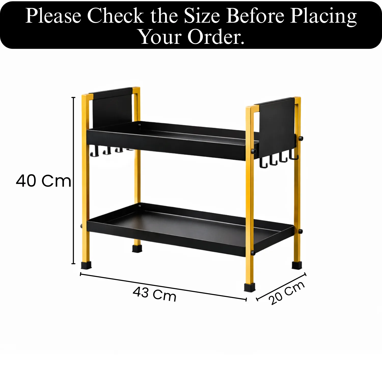 2 Tray Black & Gold Multipurpose Countertop Kitchen Organizer Rack with 8 Hooks | Multishelf Storage Stand for Kitchen, Bathroom or Dressing Table | Spice Rack, Cosmetics Organizer or Bathroom Organizer - Image 2