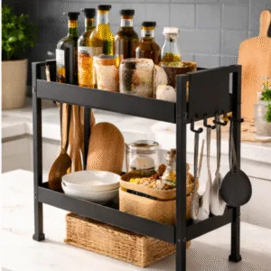 2 Tray Black Multipurpose Countertop Kitchen Organizer Rack with 8 Hooks | Multishelf Storage Stand for Kitchen, Bathroom or Dressing Table | Spice Rack, Cosmetics Organizer or Bathroom Organizer