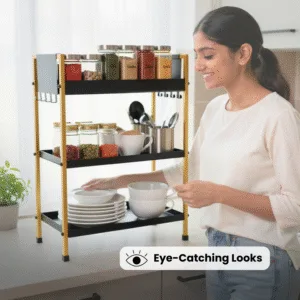 3 Tray Multipurpose Countertop Kitchen Organizer Rack with Removable 8 Hooks |Storage Stand for Kitchen, Dressing Table | Spice Rack,Cosmetics Organizer or Bathroom Organizer