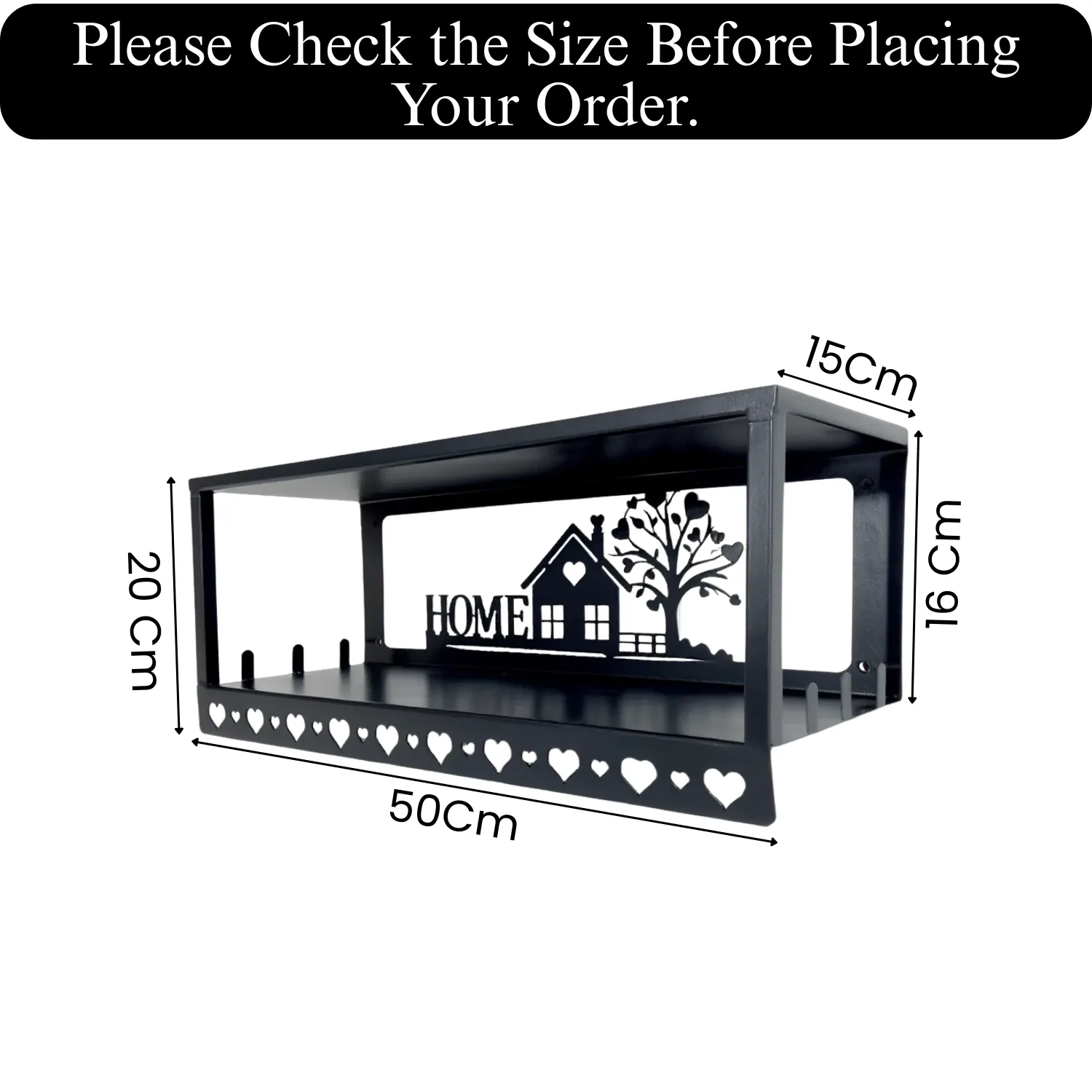 Metal Multi-Purpose Wall Shelf with Wall Art, Double Shelf and 6 Hooks | Wall Mount Floating Shelf Storage Shelves & Home Decor | Stylish Wall Shelf Rack for Living Room, Bedroom & Kitchen Decor - Image 4