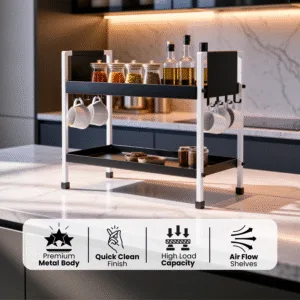 2 Tray Black & White Multipurpose Countertop Organizer Rack with 8 Hooks | Multishelf Storage Stand for Kitchen, Bathroom or Dressing Table | Spice Rack, Cosmetics Organizer or Bathroom Organizer