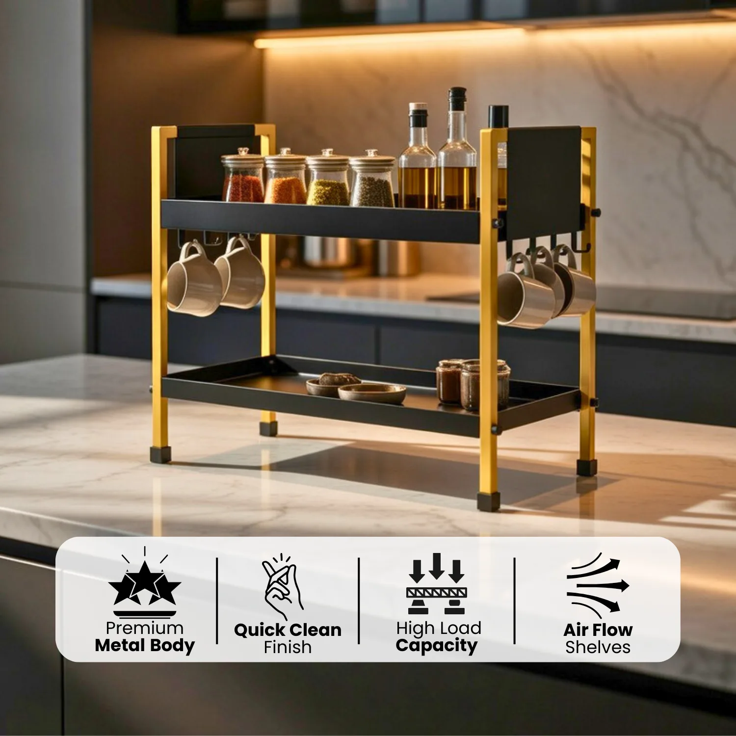 2 Tray Black & Gold Multipurpose Countertop Kitchen Organizer Rack with 8 Hooks | Multishelf Storage Stand for Kitchen, Bathroom or Dressing Table | Spice Rack, Cosmetics Organizer or Bathroom Organizer - Image 3