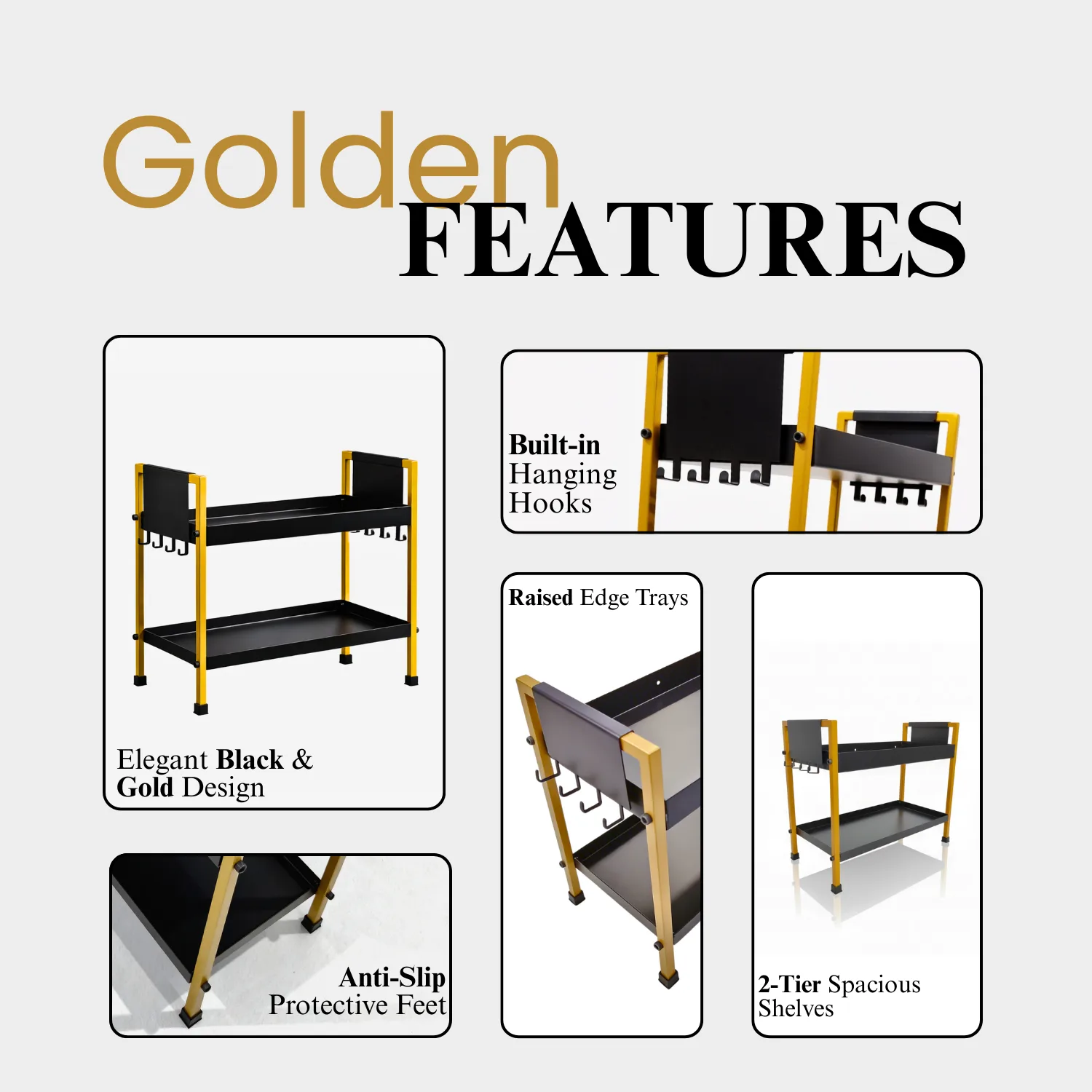 2 Tray Black & Gold Multipurpose Countertop Kitchen Organizer Rack with 8 Hooks | Multishelf Storage Stand for Kitchen, Bathroom or Dressing Table | Spice Rack, Cosmetics Organizer or Bathroom Organizer - Image 4