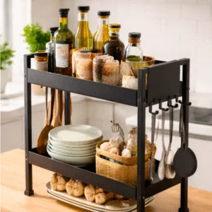2 Tray Black Multipurpose Countertop Kitchen Organizer Rack with 8 Hooks | Multishelf Storage Stand for Kitchen, Bathroom or Dressing Table | Spice Rack, Cosmetics Organizer or Bathroom Organizer