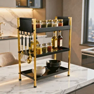 3 Tray Multipurpose Countertop Kitchen Organizer Rack with Removable 8 Hooks |Storage Stand for Kitchen, Dressing Table | Spice Rack,Cosmetics Organizer or Bathroom Organizer