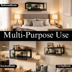 Metal Multi-Purpose Wall Shelf with Wall Art, Double Shelf and 6 Hooks | Wall Mount Floating Shelf Storage Shelves & Home Decor | Stylish Wall Shelf Rack for Living Room, Bedroom & Kitchen Decor