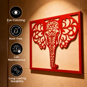 Elephant Metal Wall Art 21x18 Inch Red - Intricate Jaali Design Wall Hanging Decor, No Drill Panel for Living Room Bedroom Entryway Staircase - Aesthetic Home Decor Items, Metal Wall Decor, Wall Art Hanging Decoration