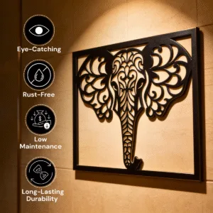 Elephant Metal Wall Art 21x18 Inch Black - Intricate Jaali Design Wall Hanging Decor, No Drill Panel for Living Room Bedroom Entryway Staircase - Aesthetic Home Decor Items, Metal Wall Decor, Wall Art Hanging Decoration
