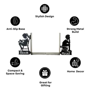 Metal Bookends for Heavy Books | Strong Anti-Slip Decorative Book Ends for Home Decor | Cute Reading Design Book Holder for Shelf, Library, Office, Study Room & Gift Use