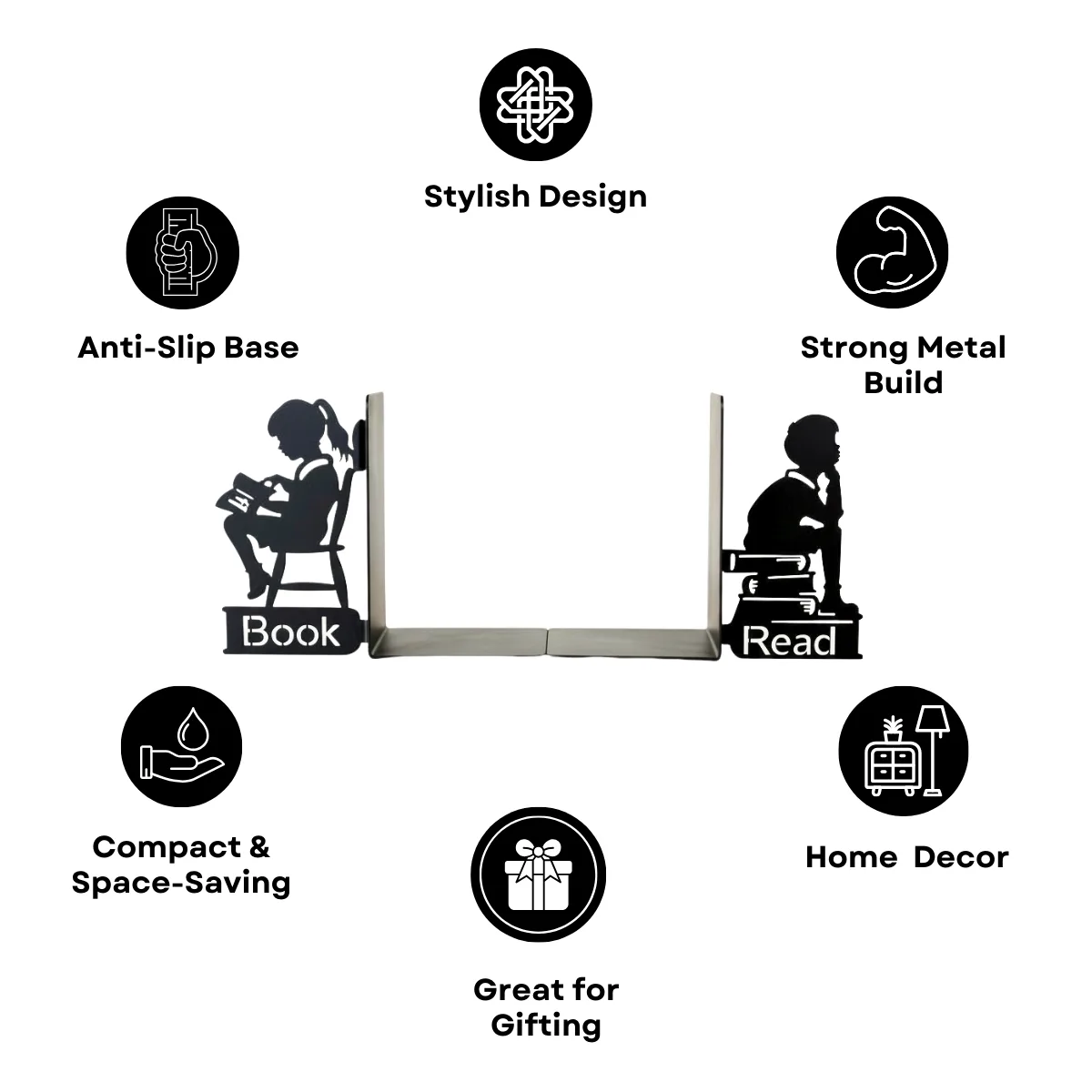 Metal Bookends for Heavy Books | Strong Anti-Slip Decorative Book Ends for Home Decor | Cute Reading Design Book Holder for Shelf, Library, Office, Study Room & Gift Use - Image 3