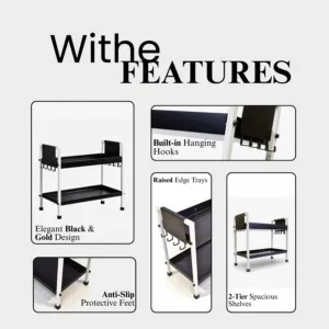 2 Tray Black & White Multipurpose Countertop Organizer Rack with 8 Hooks | Multishelf Storage Stand for Kitchen, Bathroom or Dressing Table | Spice Rack, Cosmetics Organizer or Bathroom Organizer