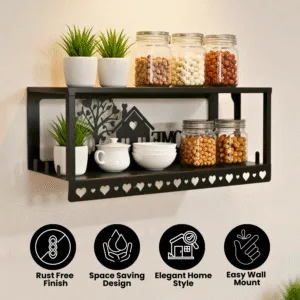 Metal Multi-Purpose Wall Shelf with Wall Art, Double Shelf and 6 Hooks | Wall Mount Floating Shelf Storage Shelves & Home Decor | Stylish Wall Shelf Rack for Living Room, Bedroom & Kitchen Decor
