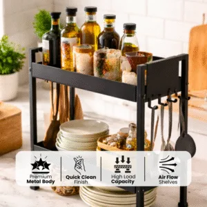 2 Tray Black Multipurpose Countertop Kitchen Organizer Rack with 8 Hooks | Multishelf Storage Stand for Kitchen, Bathroom or Dressing Table | Spice Rack, Cosmetics Organizer or Bathroom Organizer