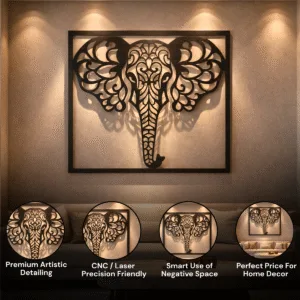 Elephant Metal Wall Art 21x18 Inch Black - Intricate Jaali Design Wall Hanging Decor, No Drill Panel for Living Room Bedroom Entryway Staircase - Aesthetic Home Decor Items, Metal Wall Decor, Wall Art Hanging Decoration