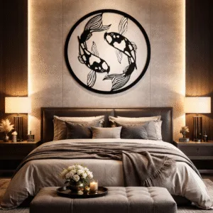 Koi Fish Metal Wall Art for Living Room | 18 x 18 Inch Wall Decor | No Drill Wall Hanging Decoration | Aesthetic Home Decor, Wall Art for Living Room Big Size, Bedroom, Yin yang home decor & Home Decoration