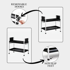 2 Tray Black & White Multipurpose Countertop Organizer Rack with 8 Hooks | Multishelf Storage Stand for Kitchen, Bathroom or Dressing Table | Spice Rack, Cosmetics Organizer or Bathroom Organizer
