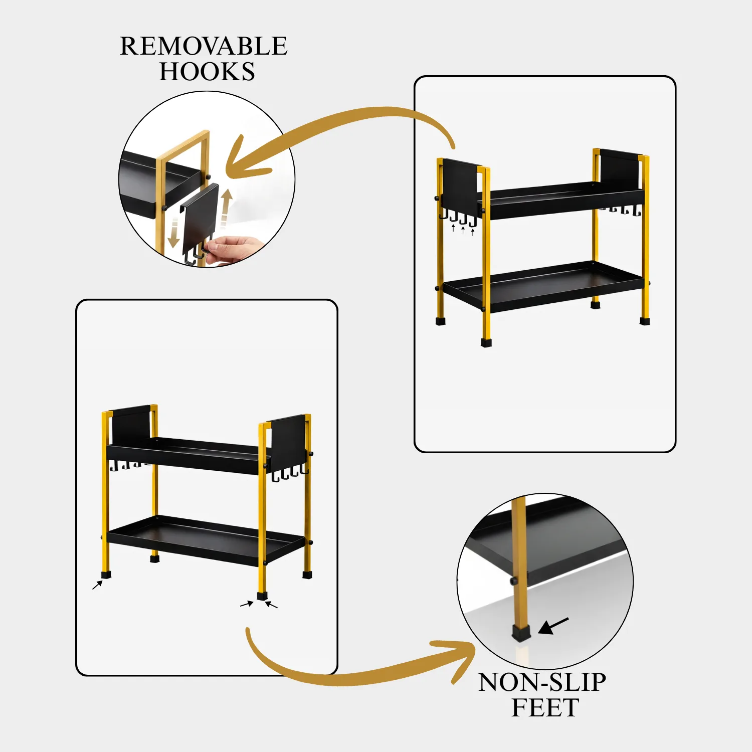 2 Tray Black & Gold Multipurpose Countertop Kitchen Organizer Rack with 8 Hooks | Multishelf Storage Stand for Kitchen, Bathroom or Dressing Table | Spice Rack, Cosmetics Organizer or Bathroom Organizer - Image 5