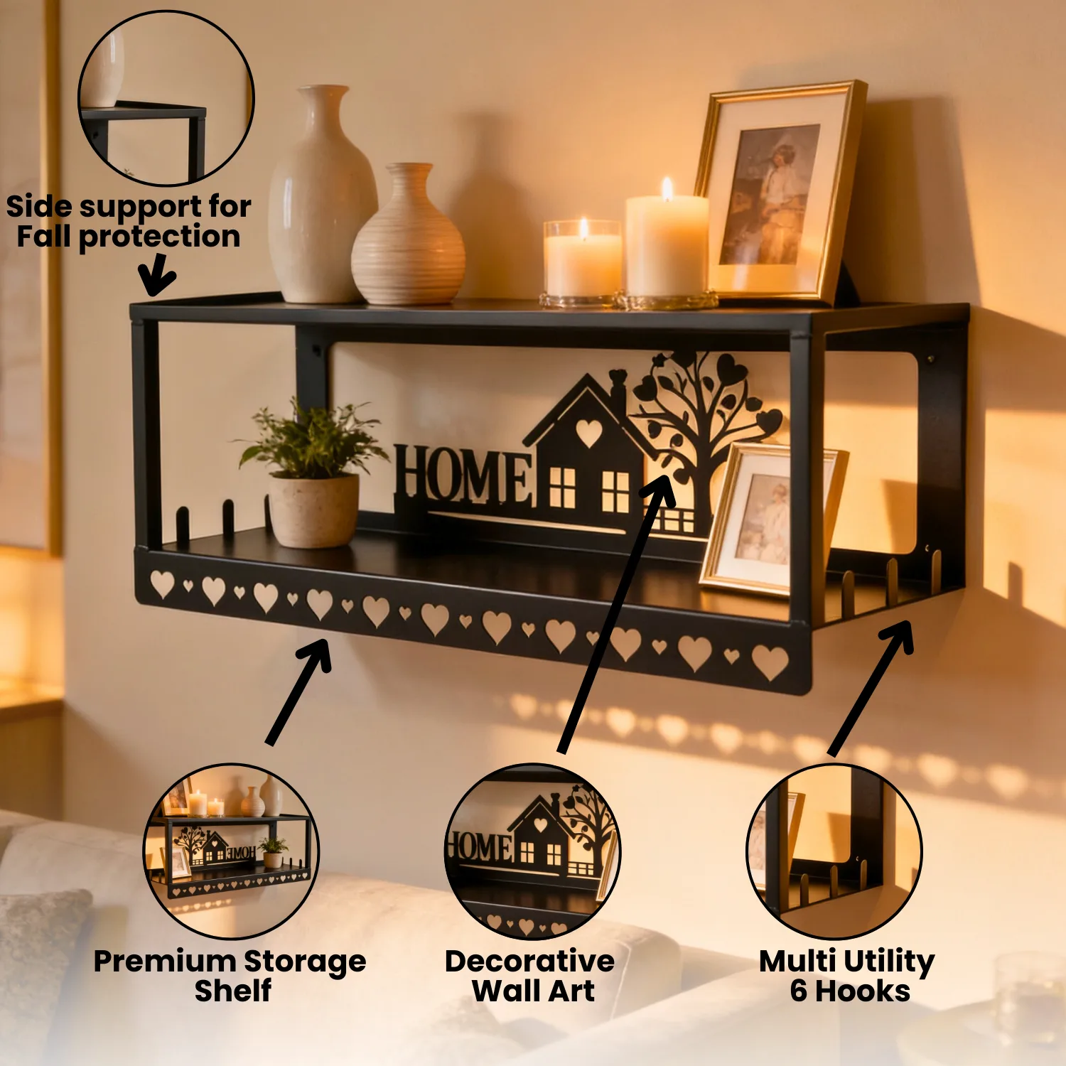 Metal Multi-Purpose Wall Shelf with Wall Art, Double Shelf and 6 Hooks | Wall Mount Floating Shelf Storage Shelves & Home Decor | Stylish Wall Shelf Rack for Living Room, Bedroom & Kitchen Decor - Image 7