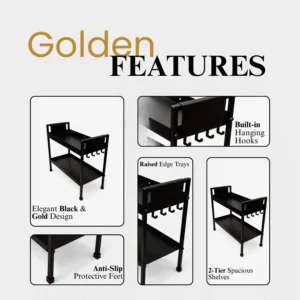 2 Tray Black Multipurpose Countertop Kitchen Organizer Rack with 8 Hooks | Multishelf Storage Stand for Kitchen, Bathroom or Dressing Table | Spice Rack, Cosmetics Organizer or Bathroom Organizer