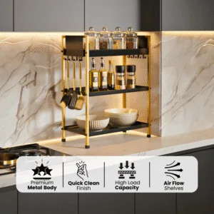 3 Tray Multipurpose Countertop Kitchen Organizer Rack with Removable 8 Hooks |Storage Stand for Kitchen, Dressing Table | Spice Rack,Cosmetics Organizer or Bathroom Organizer