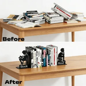 Metal Bookends for Heavy Books | Strong Anti-Slip Decorative Book Ends for Home Decor | Cute Reading Design Book Holder for Shelf, Library, Office, Study Room & Gift Use
