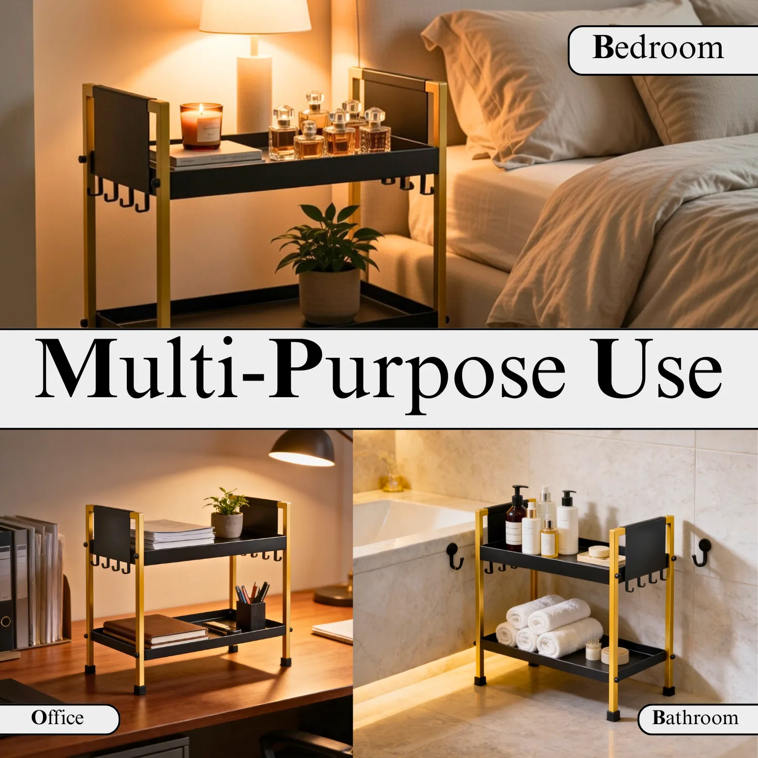 2 Tray Black & Gold Multipurpose Countertop Kitchen Organizer Rack with 8 Hooks | Multishelf Storage Stand for Kitchen, Bathroom or Dressing Table | Spice Rack, Cosmetics Organizer or Bathroom Organizer - Image 6