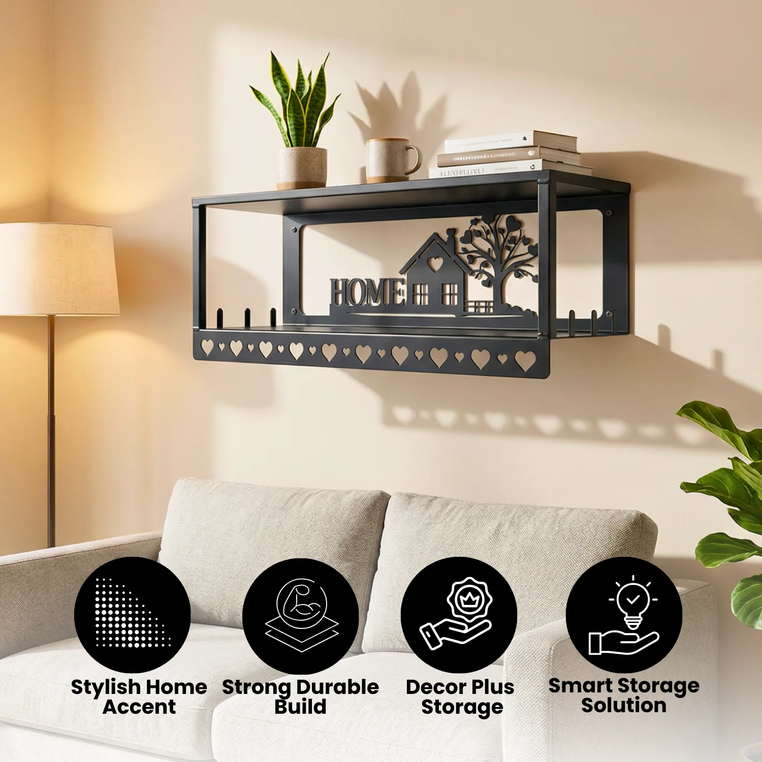 Metal Multi-Purpose Wall Shelf with Wall Art, Double Shelf and 6 Hooks | Wall Mount Floating Shelf Storage Shelves & Home Decor | Stylish Wall Shelf Rack for Living Room, Bedroom & Kitchen Decor - Image 8