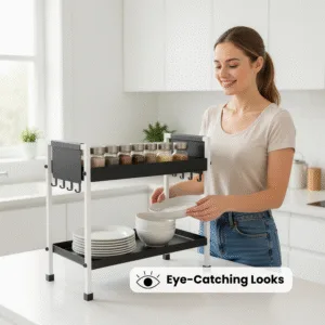 2 Tray Black & White Multipurpose Countertop Organizer Rack with 8 Hooks | Multishelf Storage Stand for Kitchen, Bathroom or Dressing Table | Spice Rack, Cosmetics Organizer or Bathroom Organizer