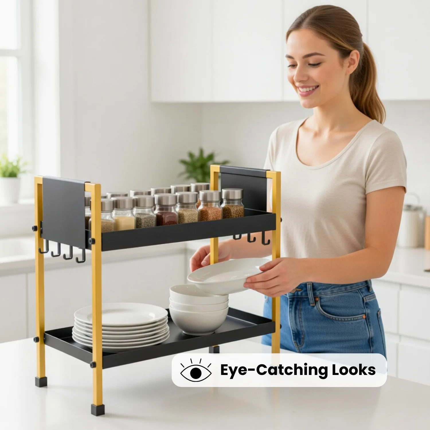 2 Tray Black & Gold Multipurpose Countertop Kitchen Organizer Rack with 8 Hooks | Multishelf Storage Stand for Kitchen, Bathroom or Dressing Table | Spice Rack, Cosmetics Organizer or Bathroom Organizer - Image 7