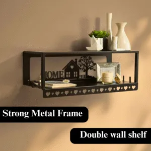 Metal Multi-Purpose Wall Shelf with Wall Art, Double Shelf and 6 Hooks | Wall Mount Floating Shelf Storage Shelves & Home Decor | Stylish Wall Shelf Rack for Living Room, Bedroom & Kitchen Decor