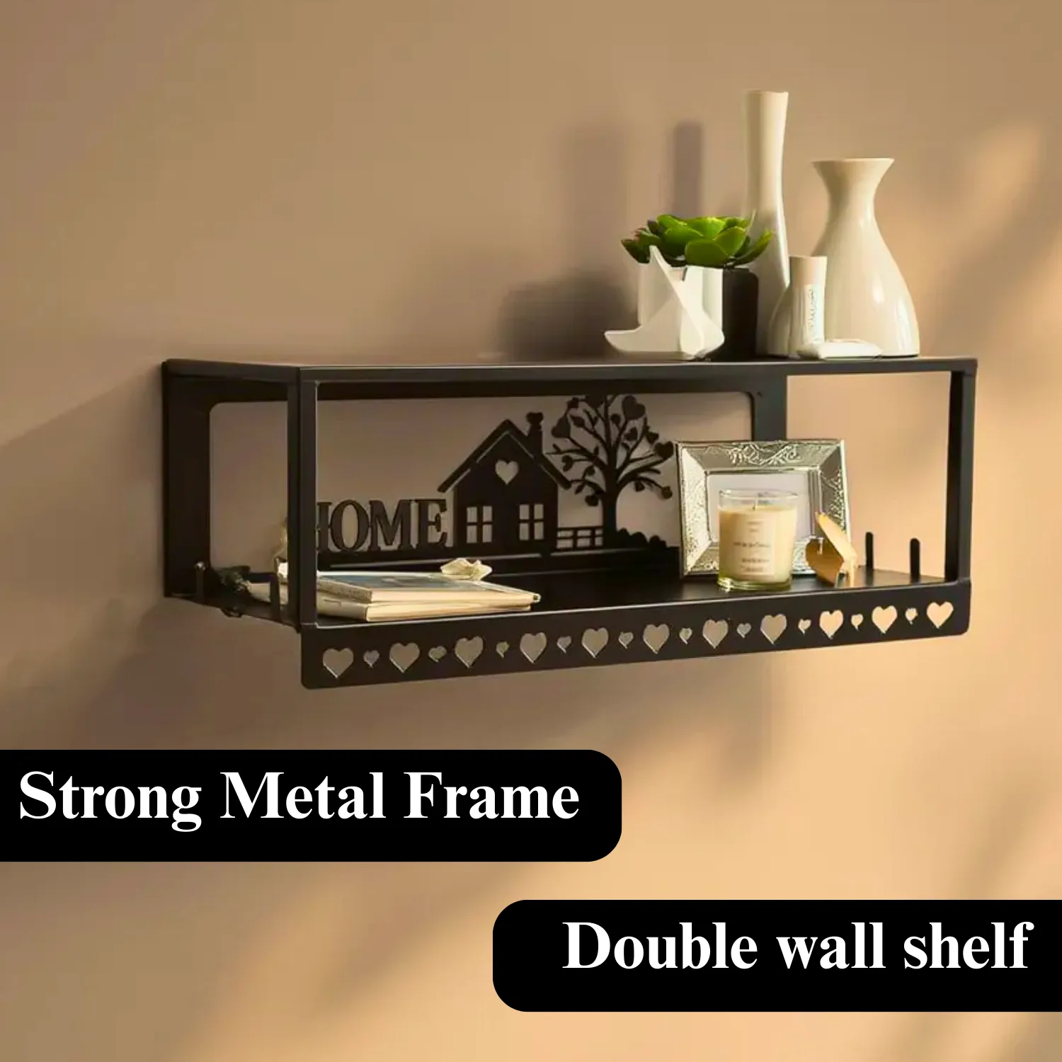 Metal Multi-Purpose Wall Shelf with Wall Art, Double Shelf and 6 Hooks | Wall Mount Floating Shelf Storage Shelves & Home Decor | Stylish Wall Shelf Rack for Living Room, Bedroom & Kitchen Decor - Image 9