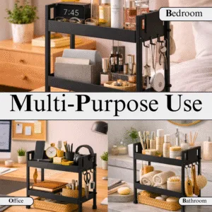 2 Tray Black Multipurpose Countertop Kitchen Organizer Rack with 8 Hooks | Multishelf Storage Stand for Kitchen, Bathroom or Dressing Table | Spice Rack, Cosmetics Organizer or Bathroom Organizer