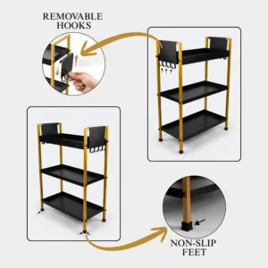 3 Tray Multipurpose Countertop Kitchen Organizer Rack with Removable 8 Hooks |Storage Stand for Kitchen, Dressing Table | Spice Rack,Cosmetics Organizer or Bathroom Organizer