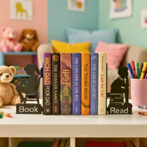 Metal Bookends for Heavy Books | Strong Anti-Slip Decorative Book Ends for Home Decor | Cute Reading Design Book Holder for Shelf, Library, Office, Study Room & Gift Use