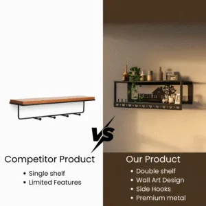 Metal Multi-Purpose Wall Shelf with Wall Art, Double Shelf and 6 Hooks | Wall Mount Floating Shelf Storage Shelves & Home Decor | Stylish Wall Shelf Rack for Living Room, Bedroom & Kitchen Decor
